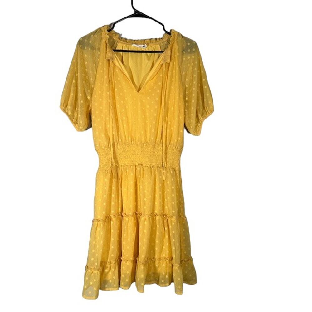Lush Yellow V-Neck Sheer Short Sleeve Ruffled V-Neck Summer Dress Women Sz M
